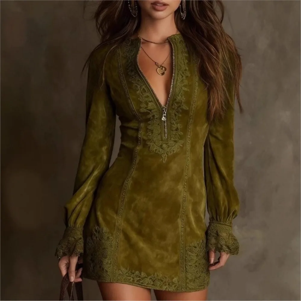 

Autumn Retro Solid Mini Dresses Woman Fashion Long Sleeved Embroidery Dress Lace patchwork Zipper V-neck Dress Female Clothing
