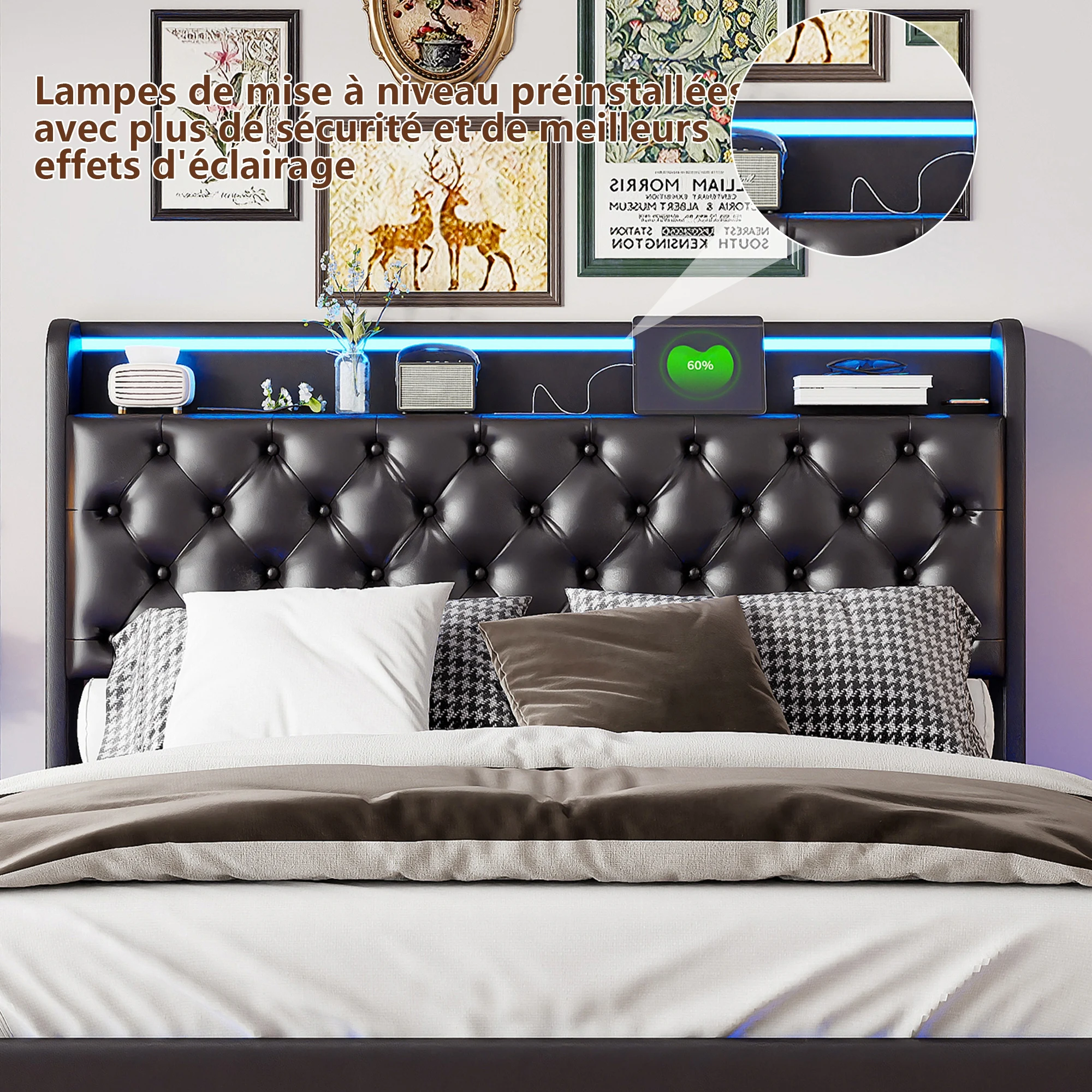 Rosahqnda Polsterbett, Doppelbett mit USB-Ladefunktion, LED-Beleuchtung, Kopfteil mit Stauraum, versteckte Bettfüße, Leder-Finish – Detail 9
