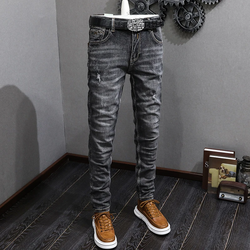Fashion Designer Men Jeans High Quality Retro Black Gray Stretch Slim Fit Ripped Jeans Men Vintage Designer Denim Pants Hombre