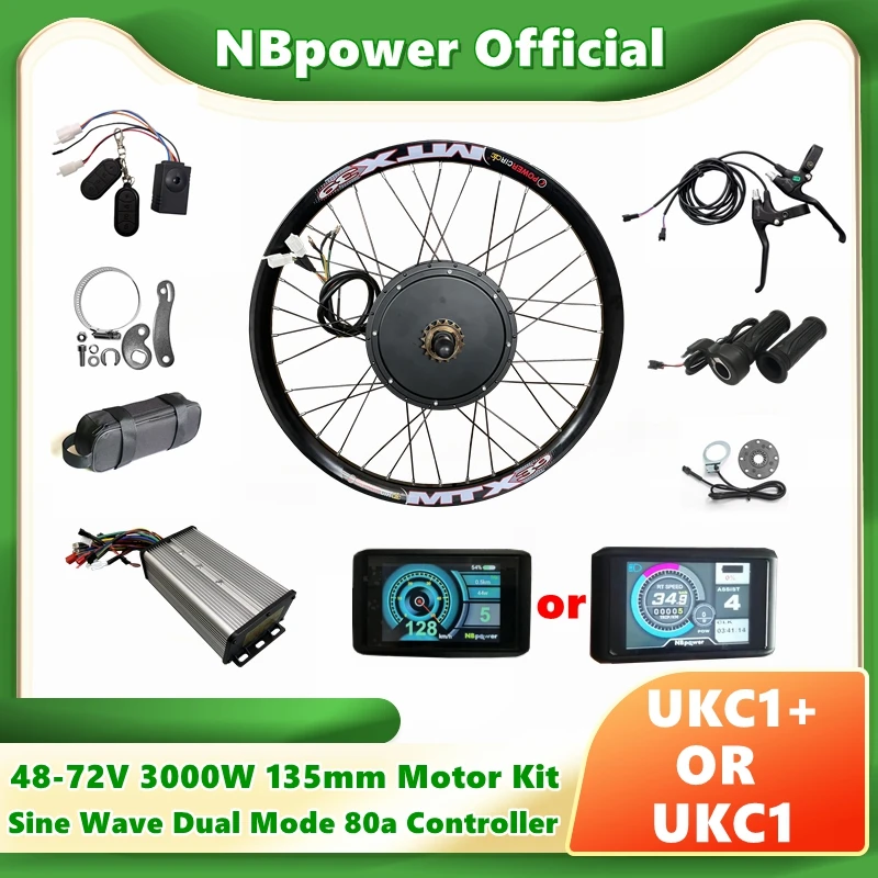 NBpower 135mm Dropout 90km/h Max Speed Electric Bike Motor Wheel kit 48V-72V 3000w EBike Conversion Kit Sine Wave Controller