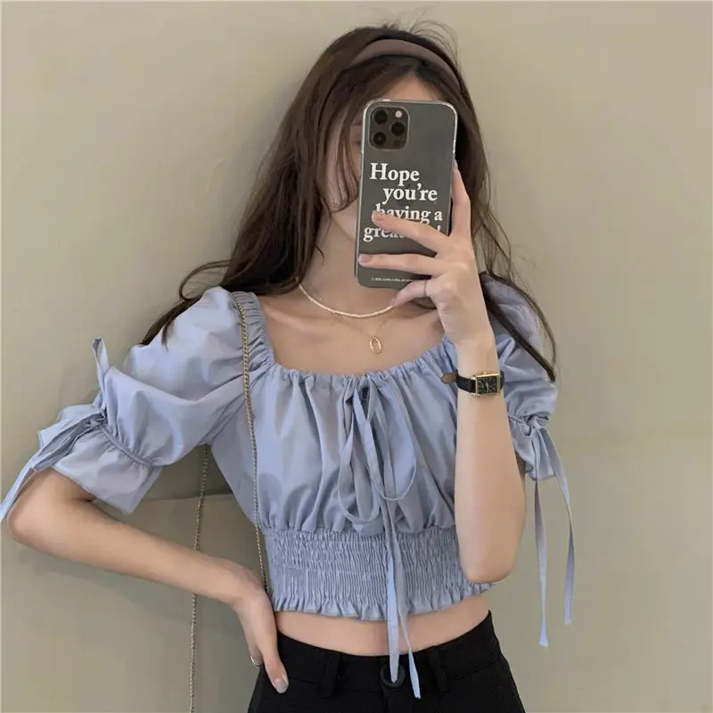 Blouses Women Summer Solid Retro Bandage Design Slim Sexy Crop Top Popular Fashion Korean Style Ladies Elegant New College Ins