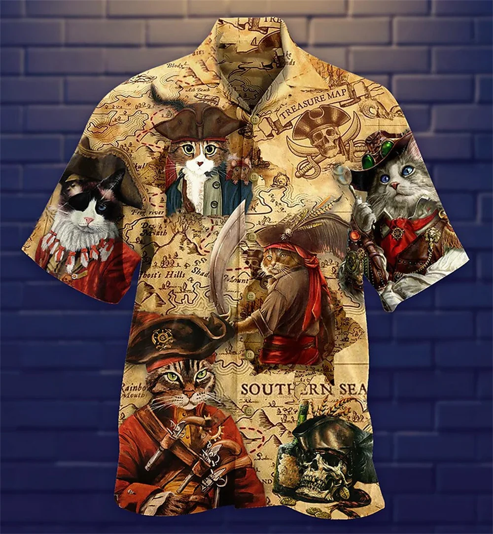 Camisas Vintage con estampado de pirata 3d para hombre, camisa informal de manga corta, camisa deportiva de gran tamaño, Tops con cuello cubano,