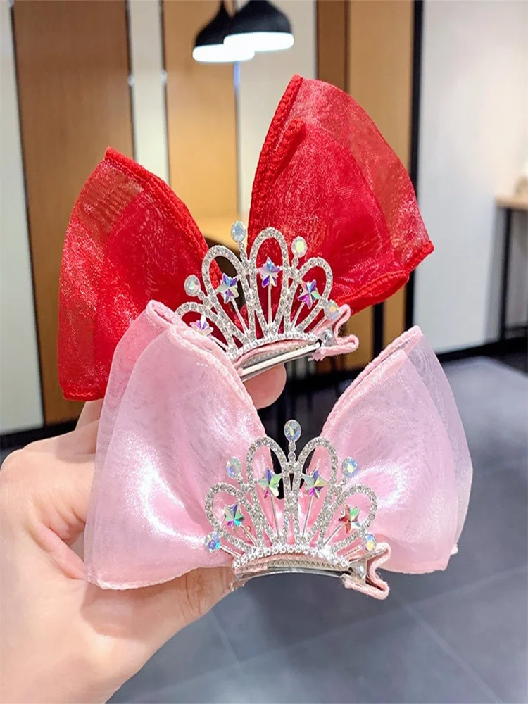 Children Hair Accessories Princess Style Korean Crown Tiara Little Girl Three-Dimensional Mesh Bow Hairpin Wholesale