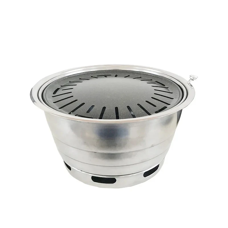 

Korean commercial smokels barbecue pan round stainls steel inlaid wood charcoal stove