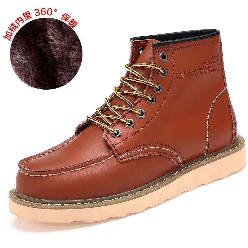 Velvet Men\'s Leather Boots British Style Motorcycle Boot Casual Leather Work Shoes Warm Non-slip Waterproof Trendy Cotton Shoe