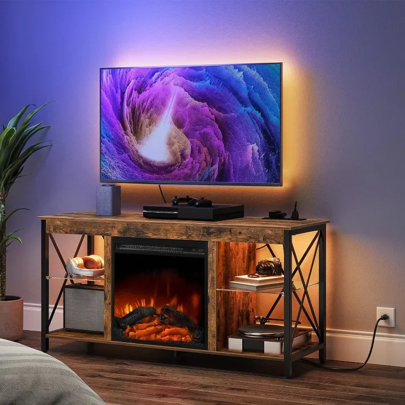 Fireplace TV Stand with Led Lights and Power Outlets, Wooden Media Entertainment Center Console Table with Glass Shelves