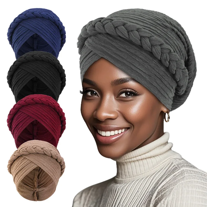 Indian Hat Braids Turban Women Muslim Hijab Pleated Headscarf Chemo Cap Hair Loss Beanies African Auto Gele Head Wraps Turbante