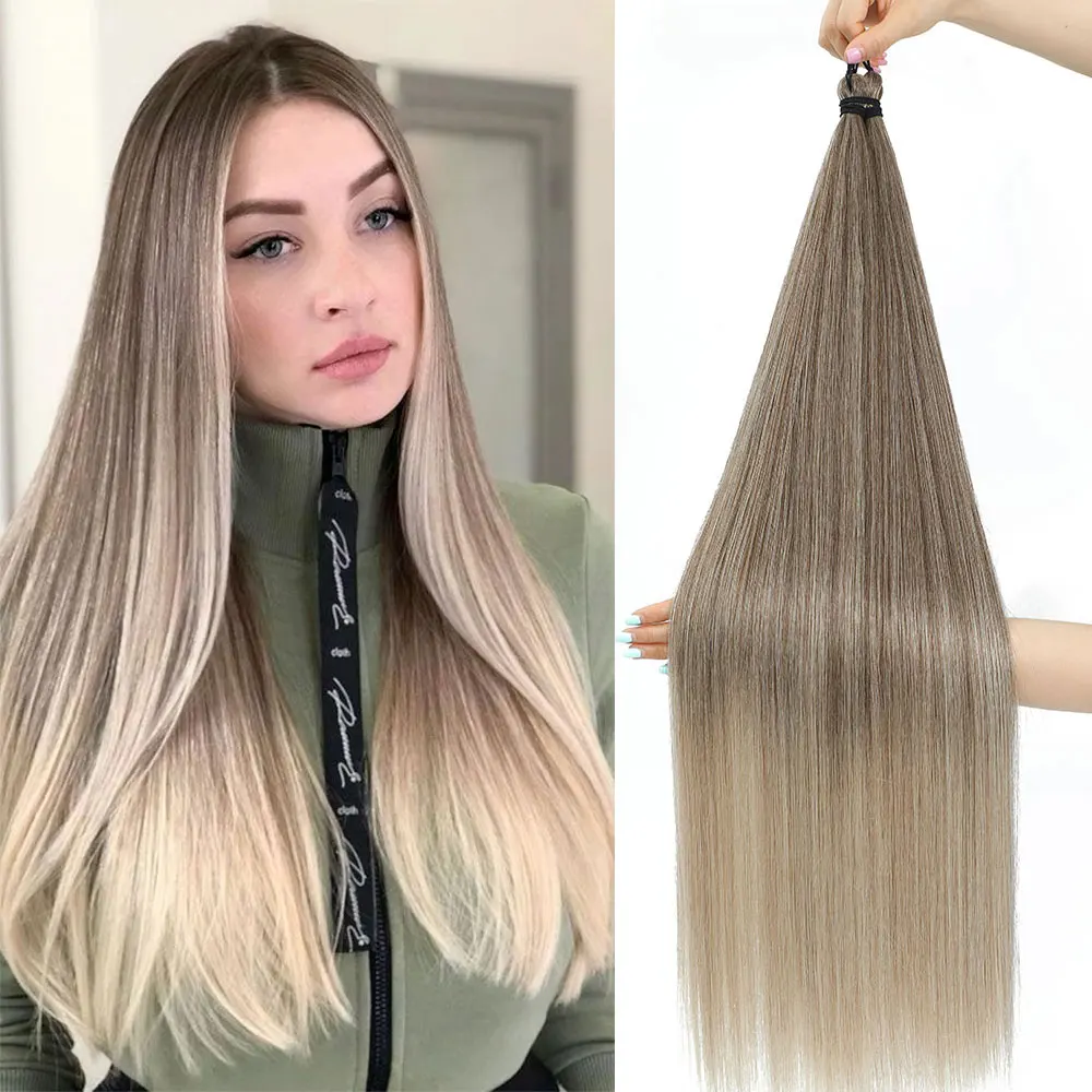 

28" 3PCS Straight Crochet Braids Hair Straight Pony Hair Bundles Braiding Hair Ombre Brown Silver Grey Crochet Hair Extensions