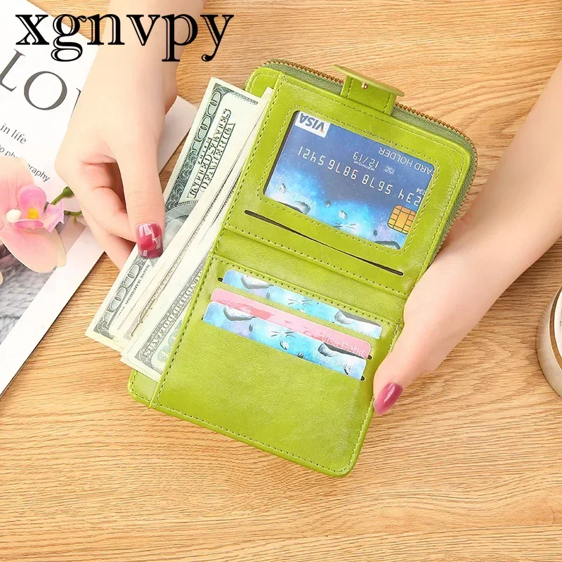 xgnvpy New Women's Short Card Bag Student Cute Little Fresh Zipper Handbag Soft Leather Clip Two Fold Coin Purse Wallet