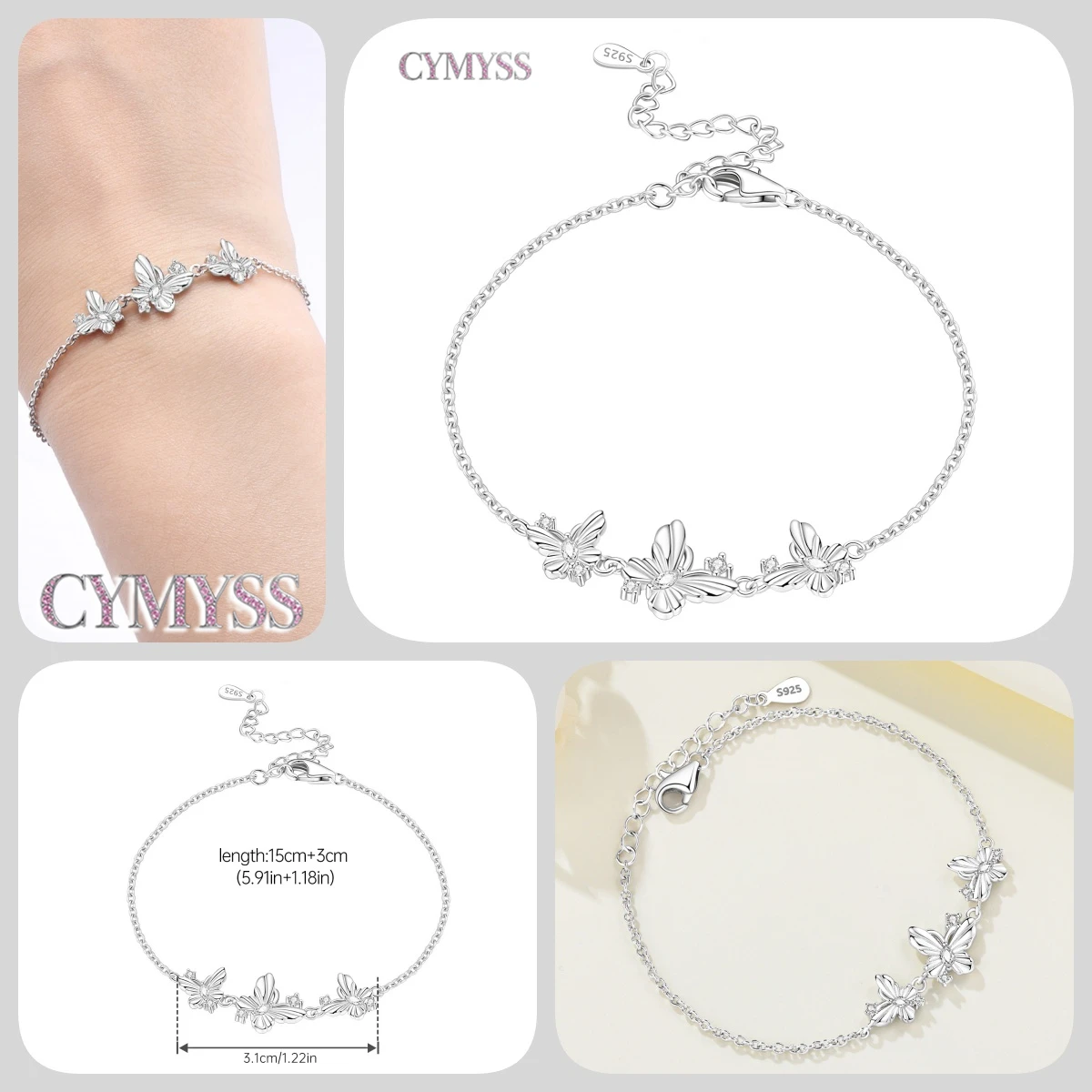 Zierliches Tennisarmband aus 925er Sterlingsilber mit Schmetterlingsanhänger und eingelegtem Zirkonia, edler Schmuck für Frauen, Hochzeits- und Geburtstagsgeschenk – Detail 8