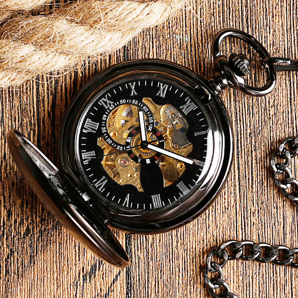 Circle Openwork Automatic Mechanical Pocket Watch Smooth Case Self-Wind Pocket Watches Black Pendant Roman Numeral Dial Clocks