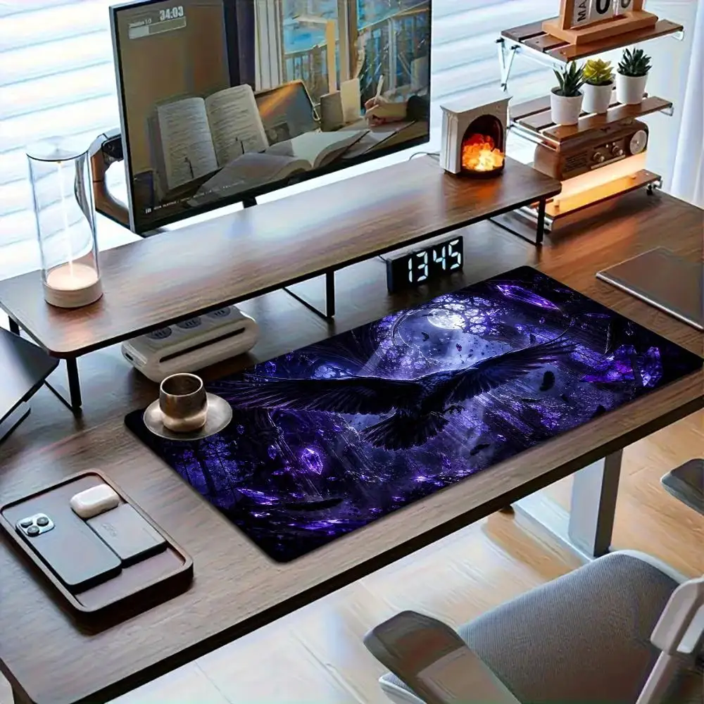 Purple Night Crow Gaming Mouse Pad Non Slip Rubber Base Precision Tracking Desk Mat For Esports Dorm