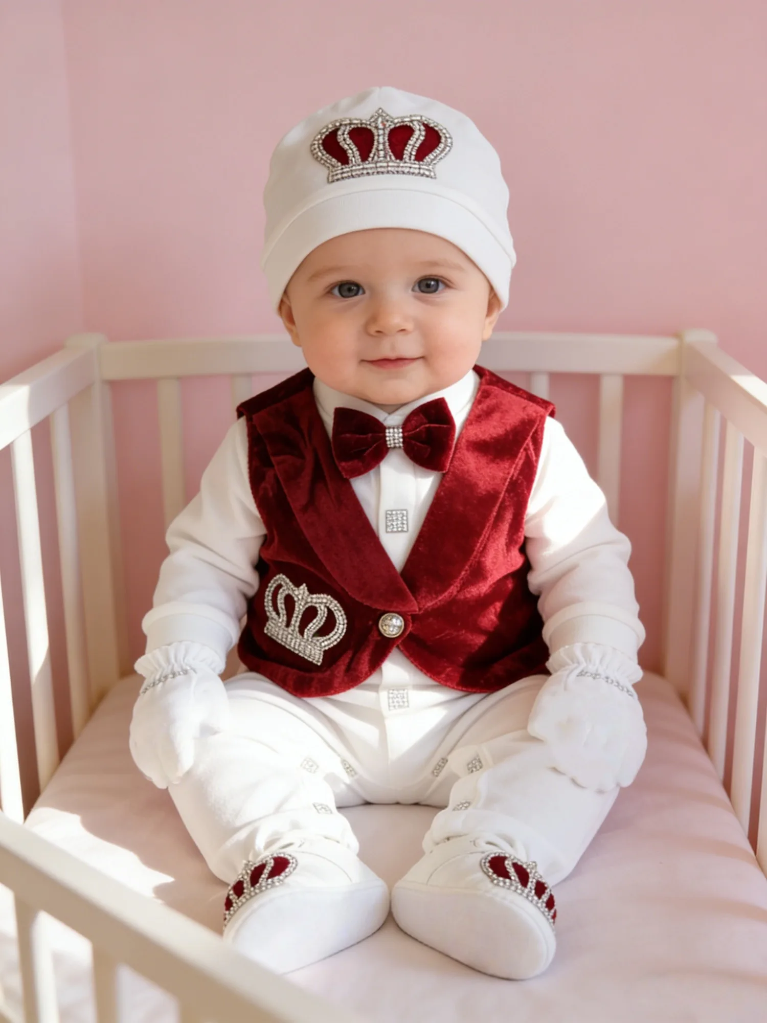 Baby Boy Burgundy Velvet Crown Gentleman Outfit Set - Formal Newborn Clothes for Baptism, Naming Ceremony, Baby Shower Gift