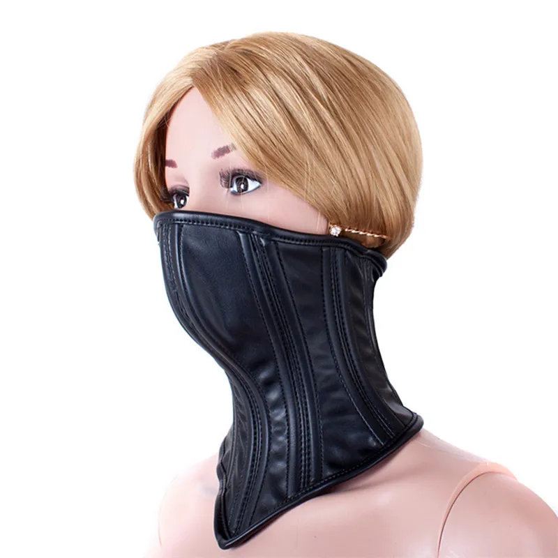 Sexy Wetlook Leather BDSM Bondage Collars with Unisex Lockable Half Face Mask for Fetish Neck Restraint Adult Games Sex Toys