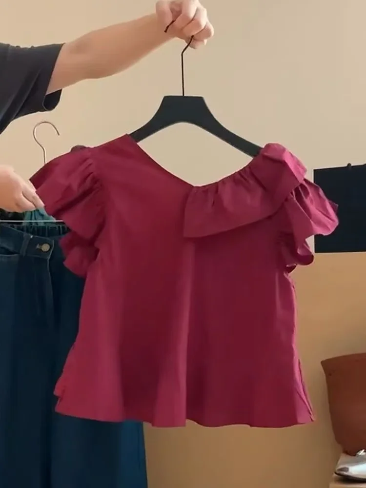 Summer Dopamins Solid Color Elegant Casual Shirt Women's V-Neck Ruffle Stitch Flying Sleeve Pullover Fashion Explosive Short Top