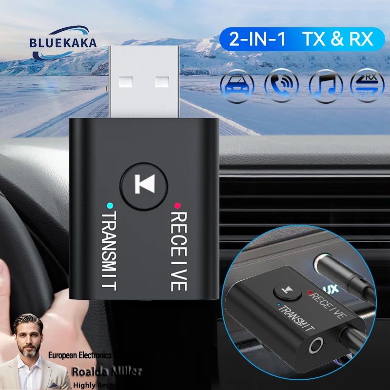 GRWIBEOU Transmisor y receptor de audio Bluetooth 5.0 con AUX/RCA/USB de 3,5 mm, adaptador estéreo inalámbrico para automóvil/TV/altavoz/auriculares