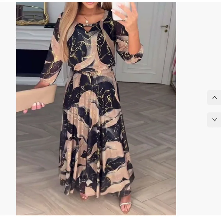 2025 nueva moda vestido de manga larga con cintura estampada para mujer verano Casual suelto manga acampanada cuello en V vestidos largos para el hogar para mujer