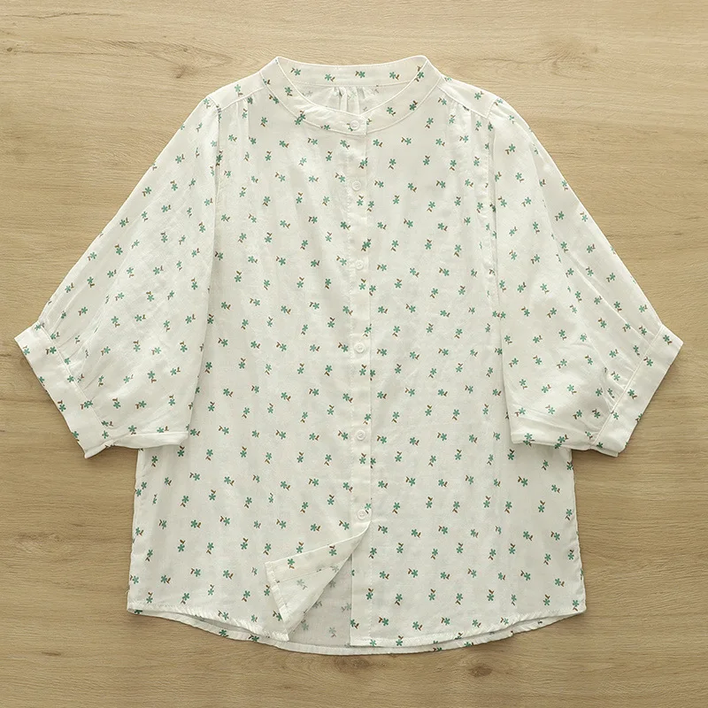 قميص صيفي جديد بأكمام تشبه جناح الخفّاش من القطن لعام 2025، بلوزة فضفاضة متعددة الاستخدامات مطبوعة برقبة دائرية للسيدات من Mori Girl T57123CC