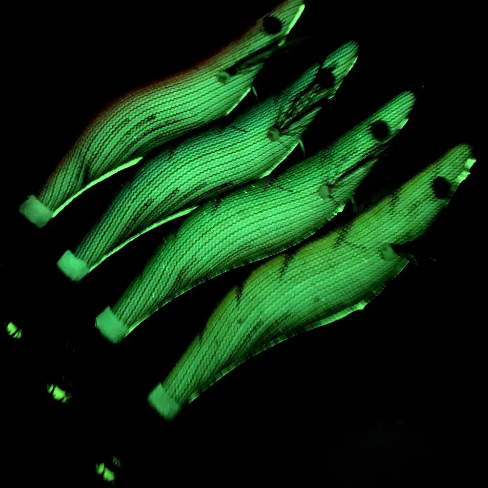 4pcs Luminous Wood Shrimp Squid Jigs Color Gradient Egi Lures Glow Tail Umbrella Hook Artificial Prawn Bait Saltwater Night