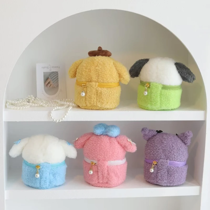 Japanese Sanrio Kawaii Cinnamoroll Girly Plush Mini Jewelry Box Pompom Purin Jewelry Storage Box Cosmetic Bag Home Storage Box