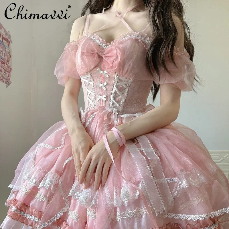 Lolita Cute Girl Princess Dress 2025 Spring and Summer New Sweet Lace Stitching High Waist Slim-fit Elegant Girl Party Dress