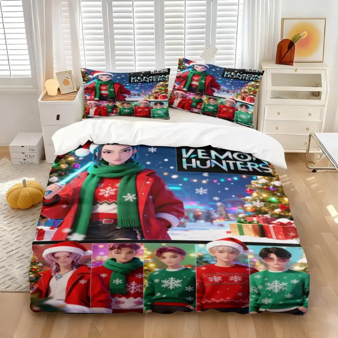 

KPop D-Demon Hunters Рождественский одиночный костюм на Хэллоуин, комплект постельного белья - 2-3 предмета, одеяло, пододеяльник, наволочки, наборы