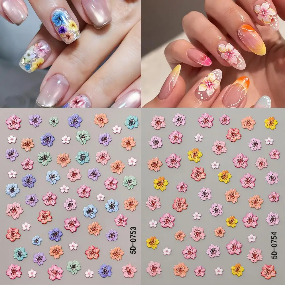 1/2Pcs 5D Multicolor Cherry Blossom Nail Stickers Gradient Sakura Self-Adhesive Nails Decals DIY Spring Floral Manicure Sliders