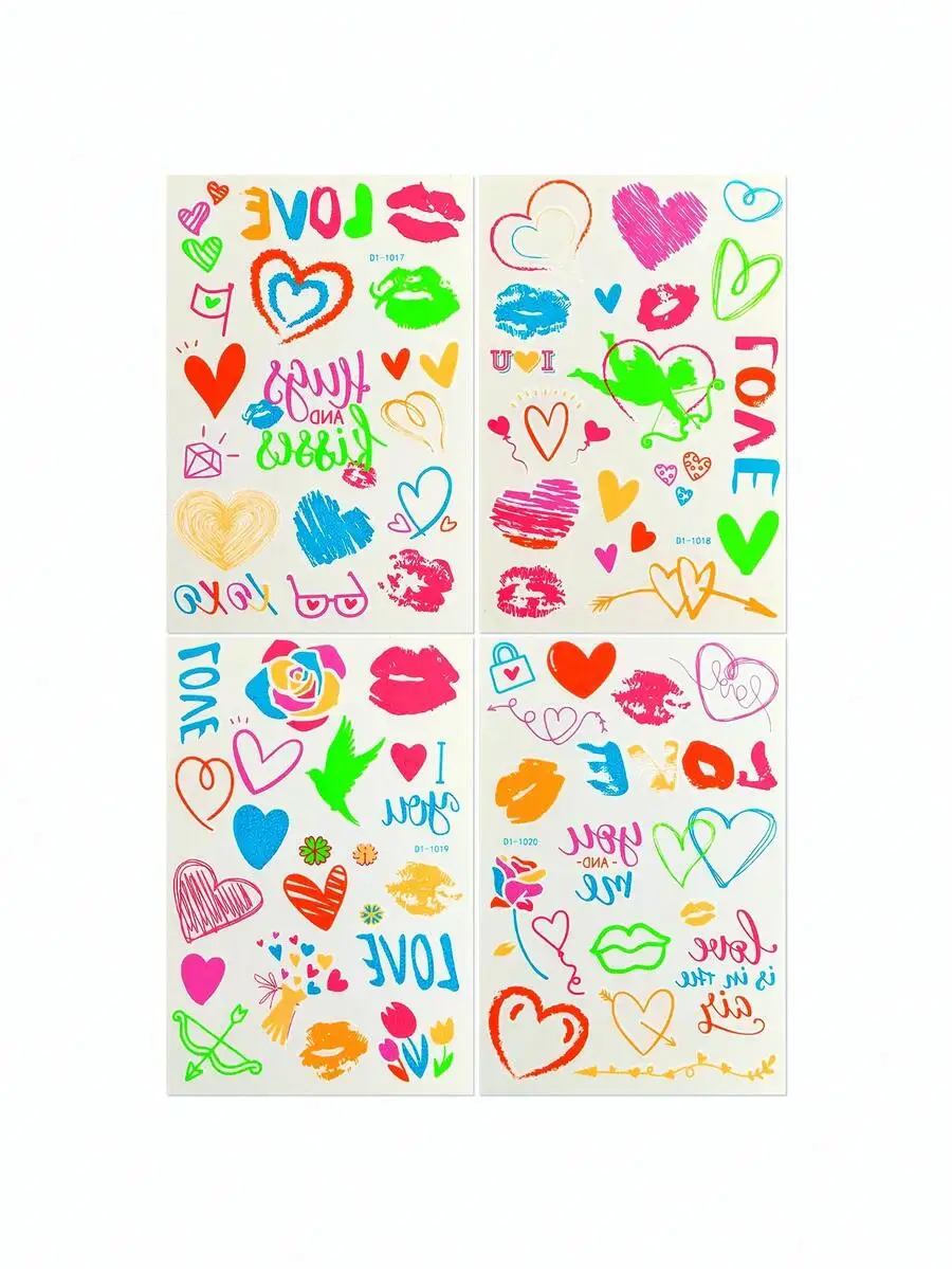 

4pcs Neon Glow Temporary Tattoo Stickers Lip Heart Love Waterproof For Valentine Festival