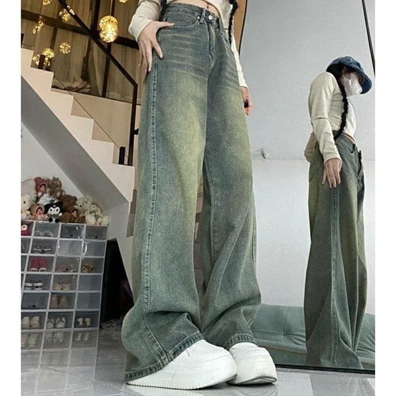 2024 Woman High Waist Elegant Baggy Aesthetic Jeans Lady Vintage Y2k 2000s Wide Leg Pants Girls Harajuku 90s Blue Denim Trousers