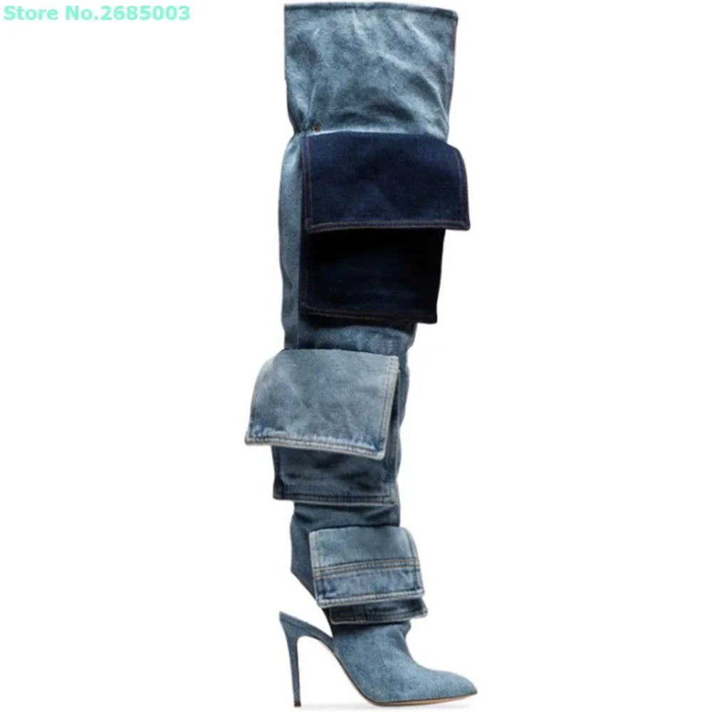 Patchwork Denim Pocket Boots Pointed Toe Over The Knee Thin High Heels Slip On Sexy Women Autume Winter Party Dress Boots Shoes