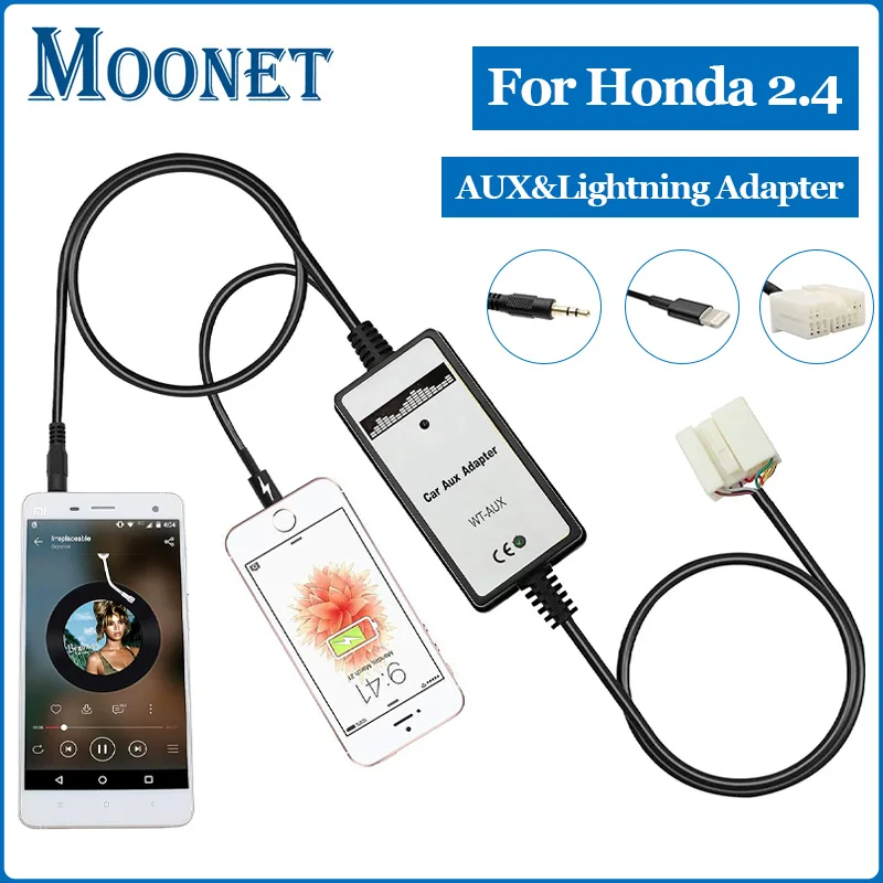 

Автомобильный аудиовходной адаптер Moonet AUX с зарядным кабелем для Honda Accord Civic CR-V FR-V Pilot Odyssey