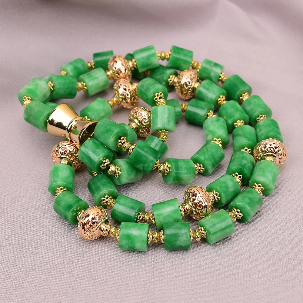 

GG 2 Rows Green Nephrite Tube Jade Cylinder Shape Stone Gold Plated Copper Lantern Beads Multi Strands Necklace
