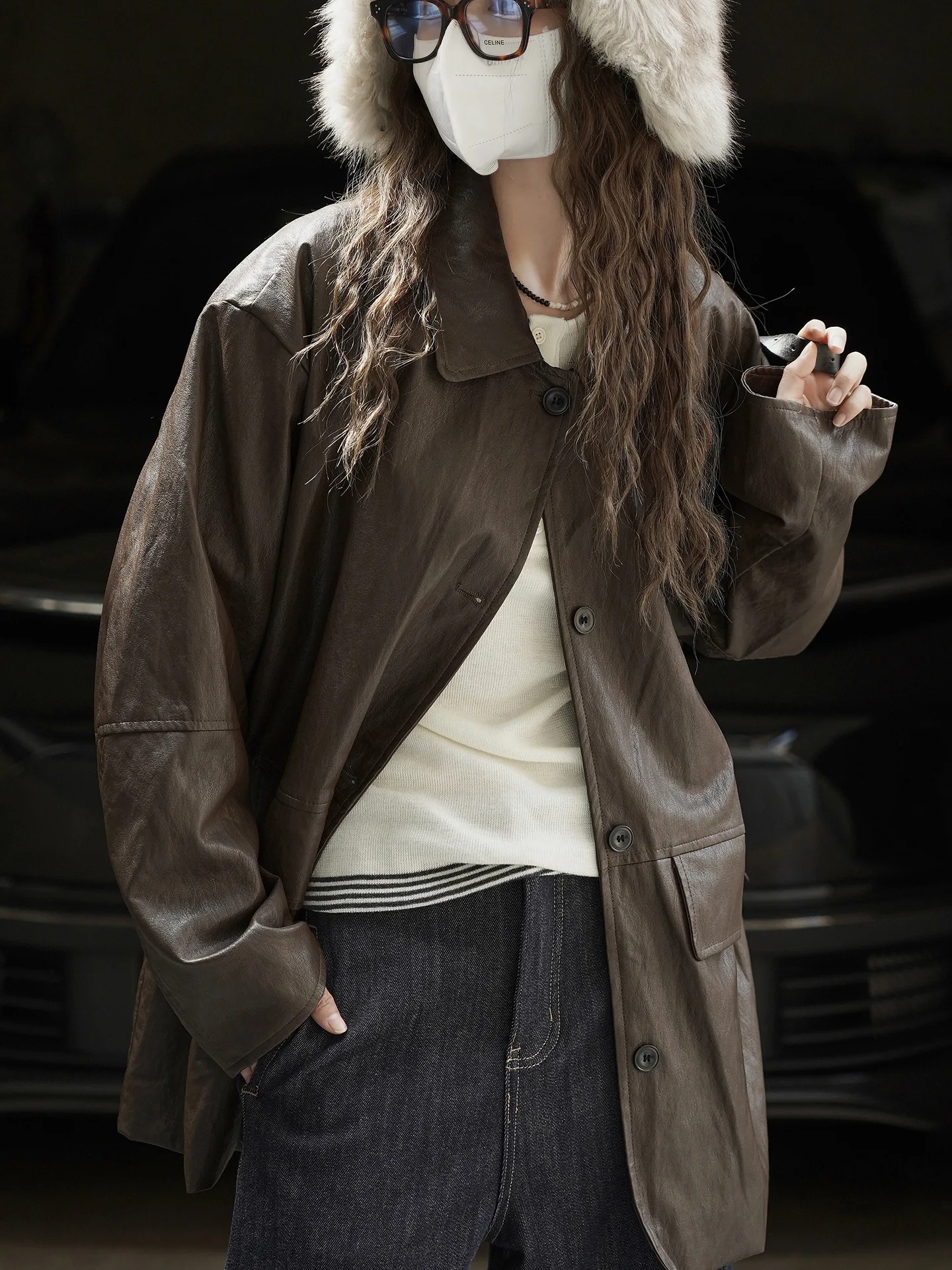 Winter New Korean Style Trendy PU Leather Jacket Loose and Slimming Collar Coat for Women