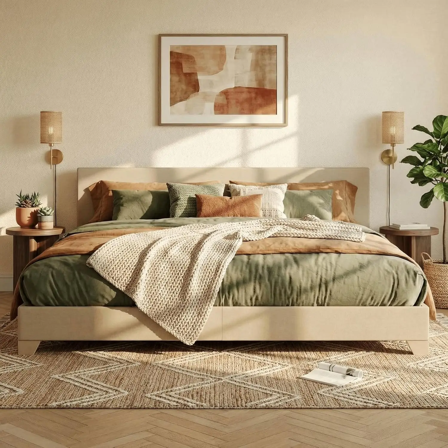

King Upholstered Bed Frame Adjustable Headboard Stable Mattress Foundation No Box Spring Beige, Customized