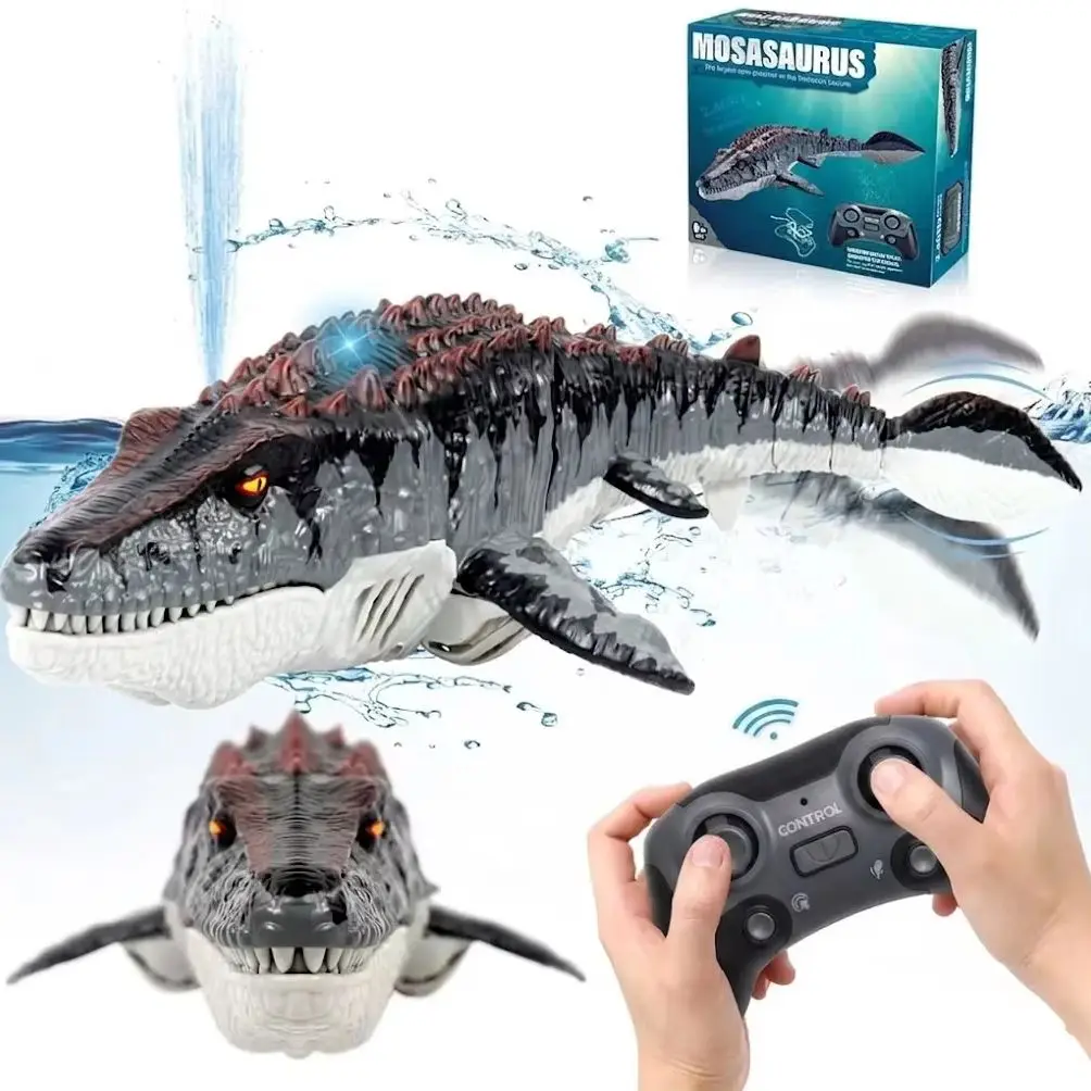 RC Mosasaurus Boat 2.4GHz Remote Control Swimming Dinosaur Toy Waterproof USB Rechargeable Spray for Pool Lake Outdoor Kids Boys