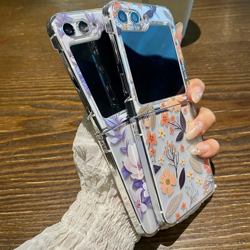 For Samsung Galaxy Z Flip6 Flip5 Flower Print Case Clear Hard PC Luxury Shockproof Folding Cover For Samsung Z Flip 6 5 4 3 5G