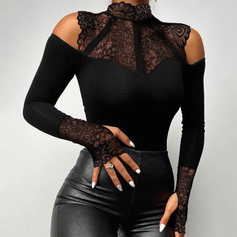 Woman Sexy Blouse Mock Neck Square Collar  Long Sleeve Lace Stitching Beads Spring Autumn Blouse Slim Fit Long Sleeve Tee Shirt