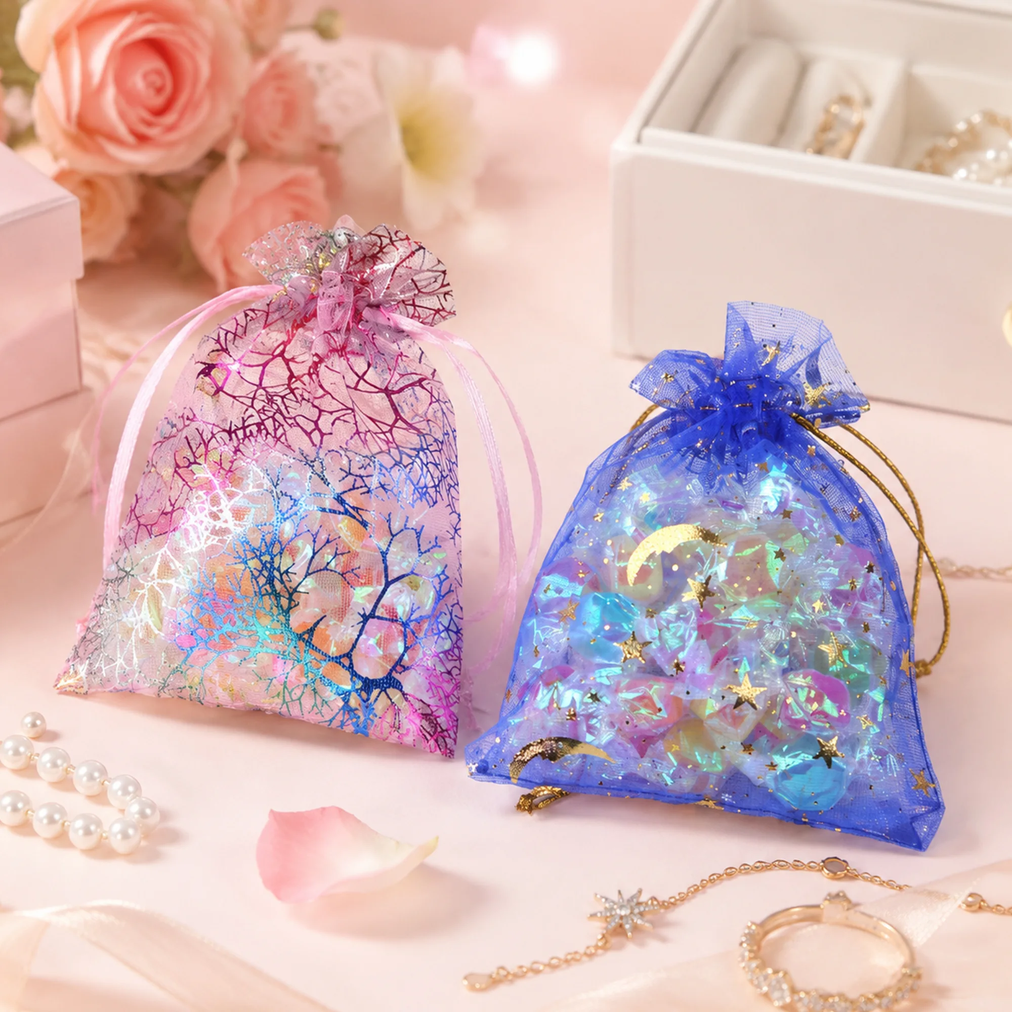 100PCS 2Styles Drawstring Organza Bags Jewelry Gift Bags Pouches Gold Star Organza Favor Pouches for Christmas Wedding view 3