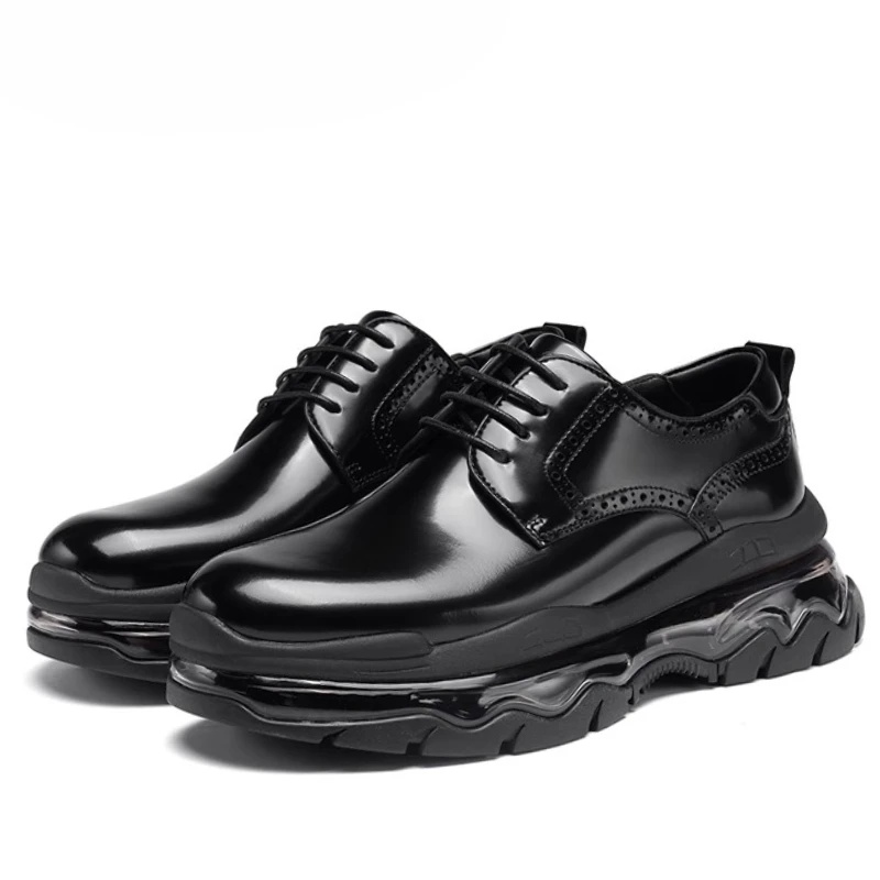 Genuine Leather Carving Luxury Thick Soled Shoes for Men's Hand Sewn Derby Shoe Comfortable Cushioning Soles Casual Sports Shoes