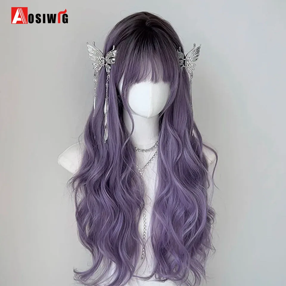 Long Wavy Black Gradient Purple Synthetic Wigs Lolita Halloween With Bangs for Women Party Dailly Heat Resistant Wig Cosplay