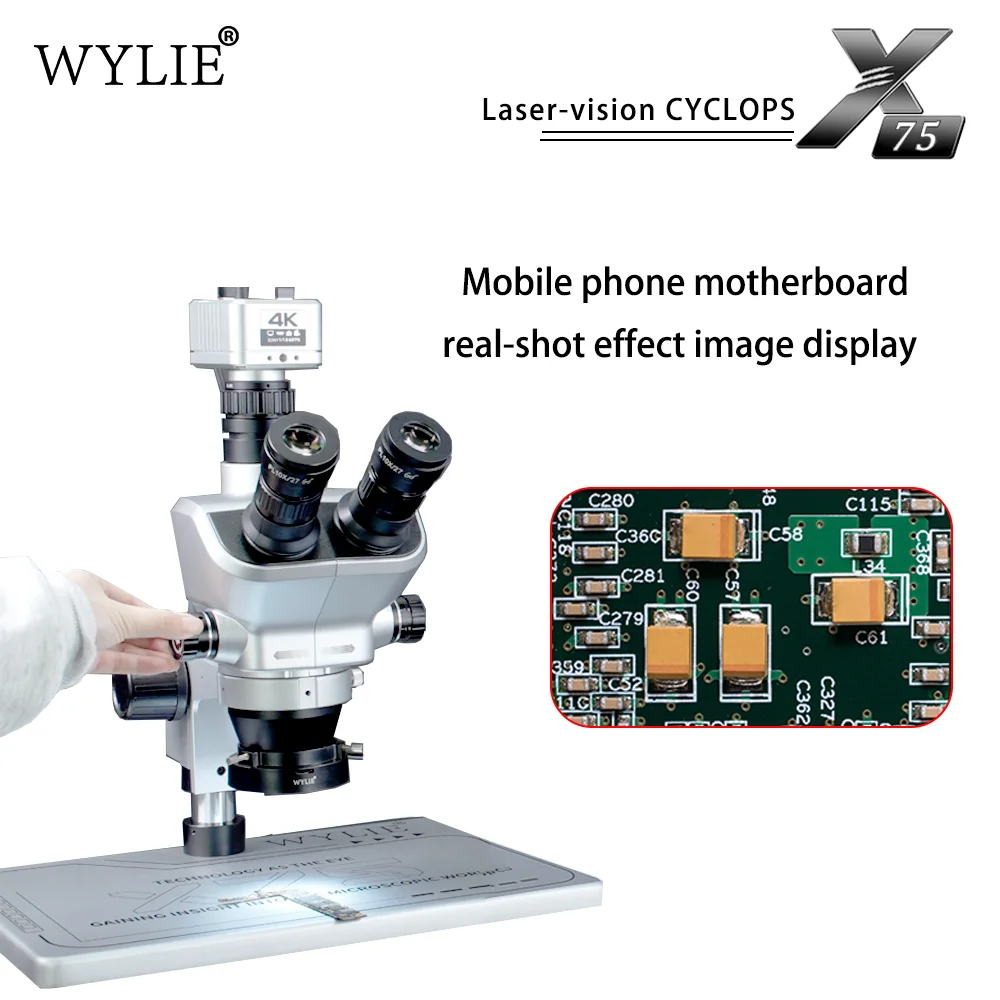 WYLIE X75 Trinocular Stereo Microscope 0.75-7.5X Continuous Zoom 0.4X Adapter LED Ring Light For Phone PCB Soldering Repair