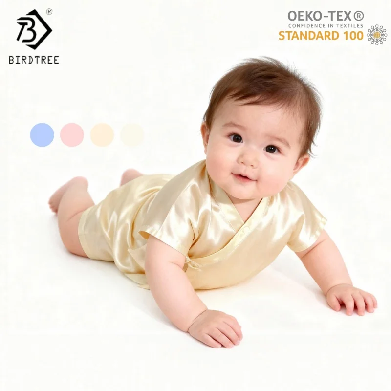 

BirdTree,OEKO-TEX,19MM 100%Mulberry Silk Baby Climbing Tops,Newborn Comfortable Lace-up One-Piece Garment, 2025 Autumn A5D201JF