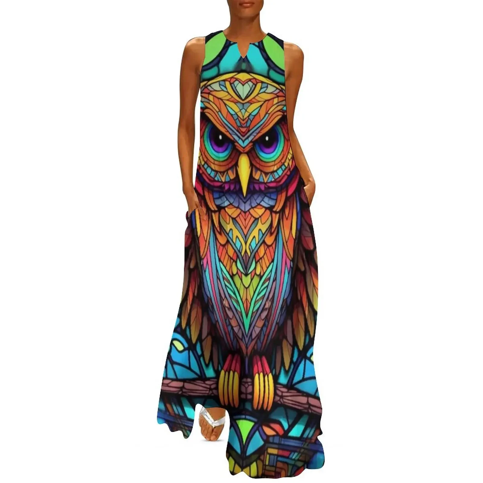 

Magical Stained Glass Owl Pattern Long Dress long sleeve dress Aesthetic clothing Bridesmaid dress woman