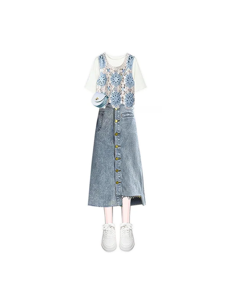 طقم صيفي كوري من ثلاث قطع للنساء، صدرية محبوكة بتصميم فني عتيق مجوف، تي شيرت، تنورة قصيرة غير متماثلة