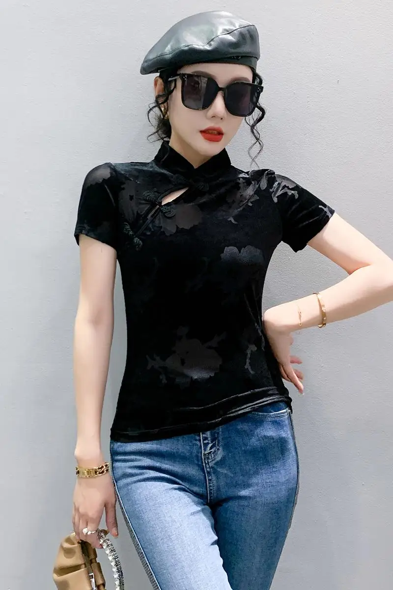 MadBlack Classic Summer European Clothes TShirts Woman Sexy Stand Collar Frog Print Slim Velour Tops Short Sleeve Tees T34319C