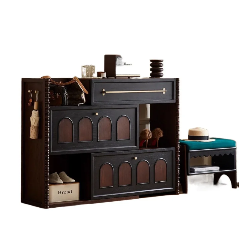 French retro solid wood entry, tipping bucket shoe cabinet, medieval storage door, integrated against the wall American style