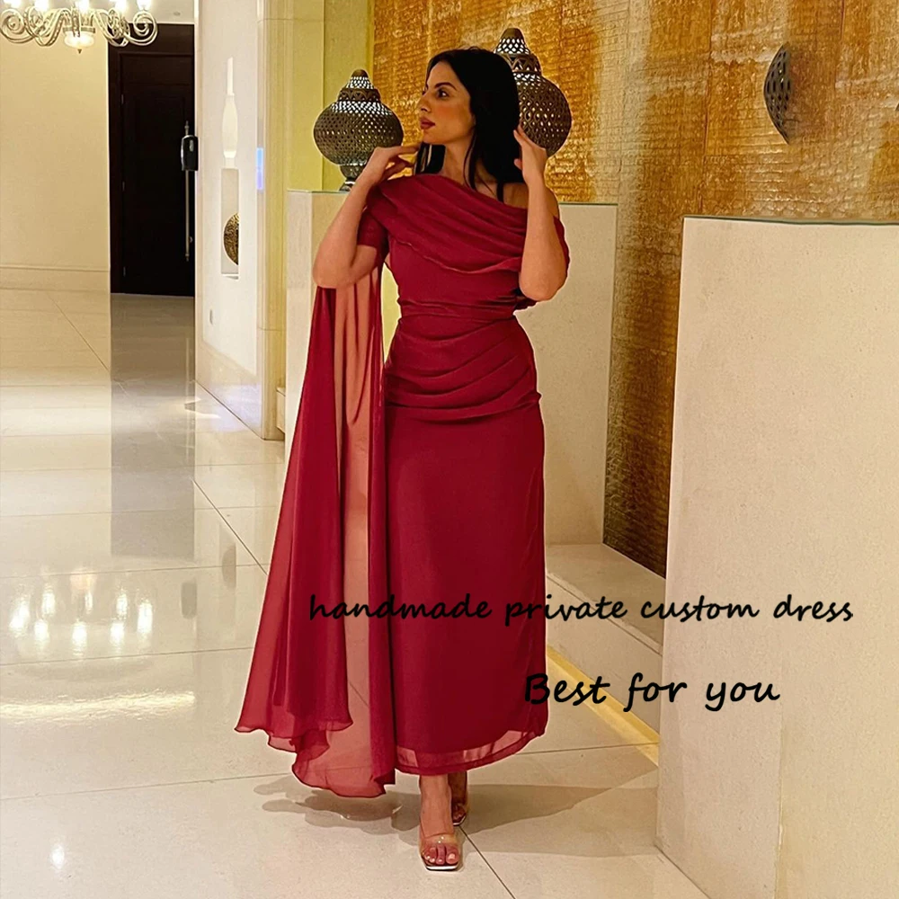 

Red Chiffon Meramid Evening Dresses One Shoulder Arabian Dubai Prom Dress Ankle Length Formal Occasion Gowns