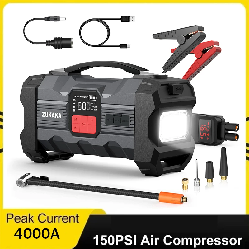 Portable 4000A Car Jump Starter 150PSI Air Compressor 26800mAh Power Bank Air Pump Tire Inflator Car Starter Booster