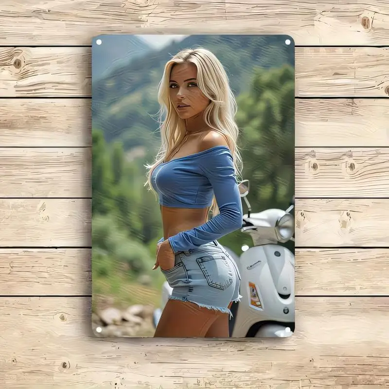 Vintage Metal Tin Sign - Blonde Woman in Blue Crop Top, Denim Shorts & White Scooter, Mountain Forest Scene, Retro Wall Art (Iro