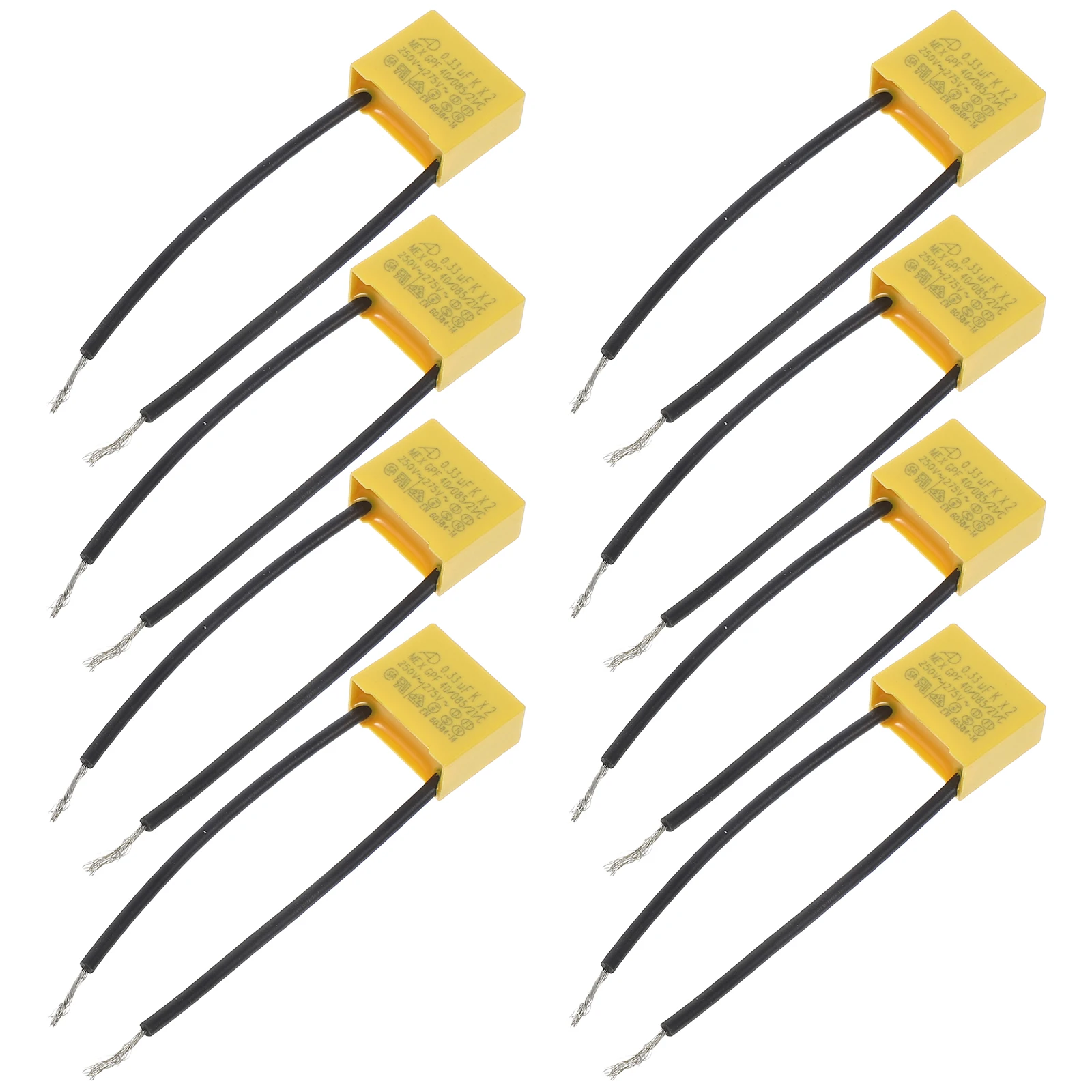 

8pcs Capacitor 0.33Uf 275V Plastic Enclosure Flexible Wire Industrial Electrical Compliance Testing Dielectric Strength Safety